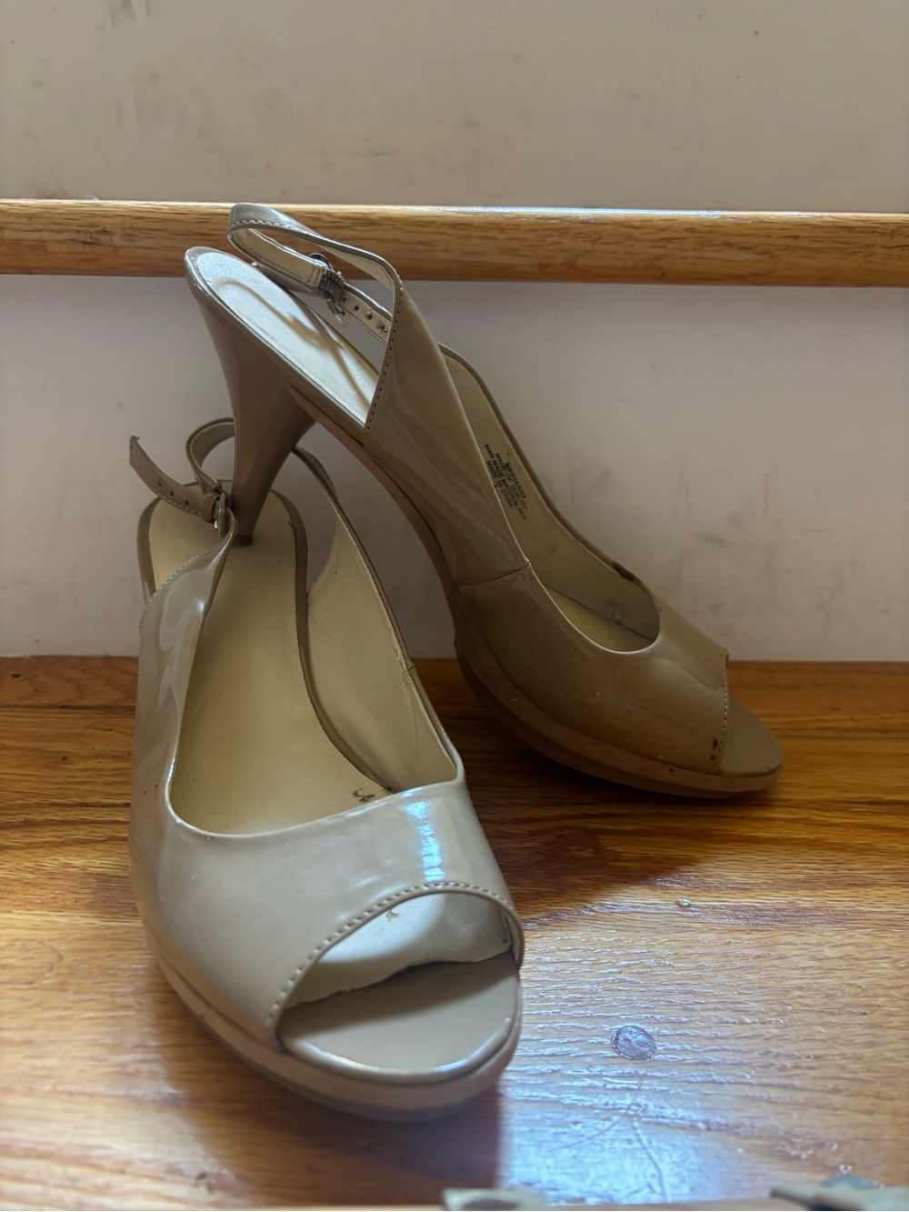 Nine West Patent Peep-Toe Slingback Heels in Beige